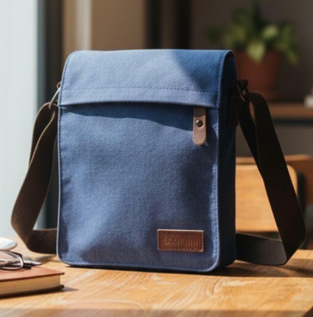Sechunk Blue Canvas Crossbody Messenger Bag Medium 12x10